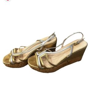 Prada Slingback Open Toe Elegant Silver and Gold Wedge Sandals Size 6